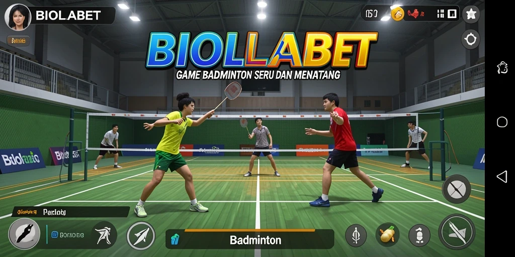 Antarmuka menarik game Badminton BIOLABET yang penuh warna.