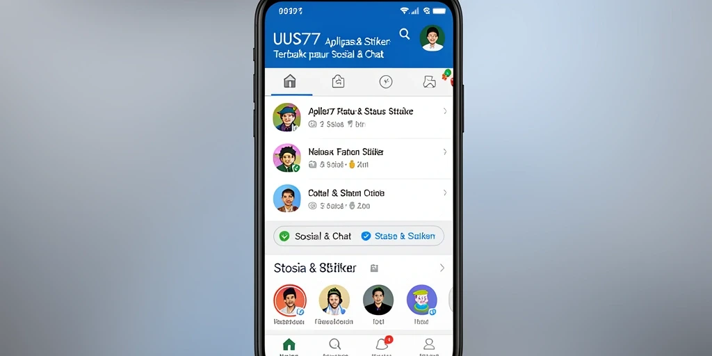 Antarmuka menarik aplikasi UUS777 dengan berbagai stiker untuk chat.
